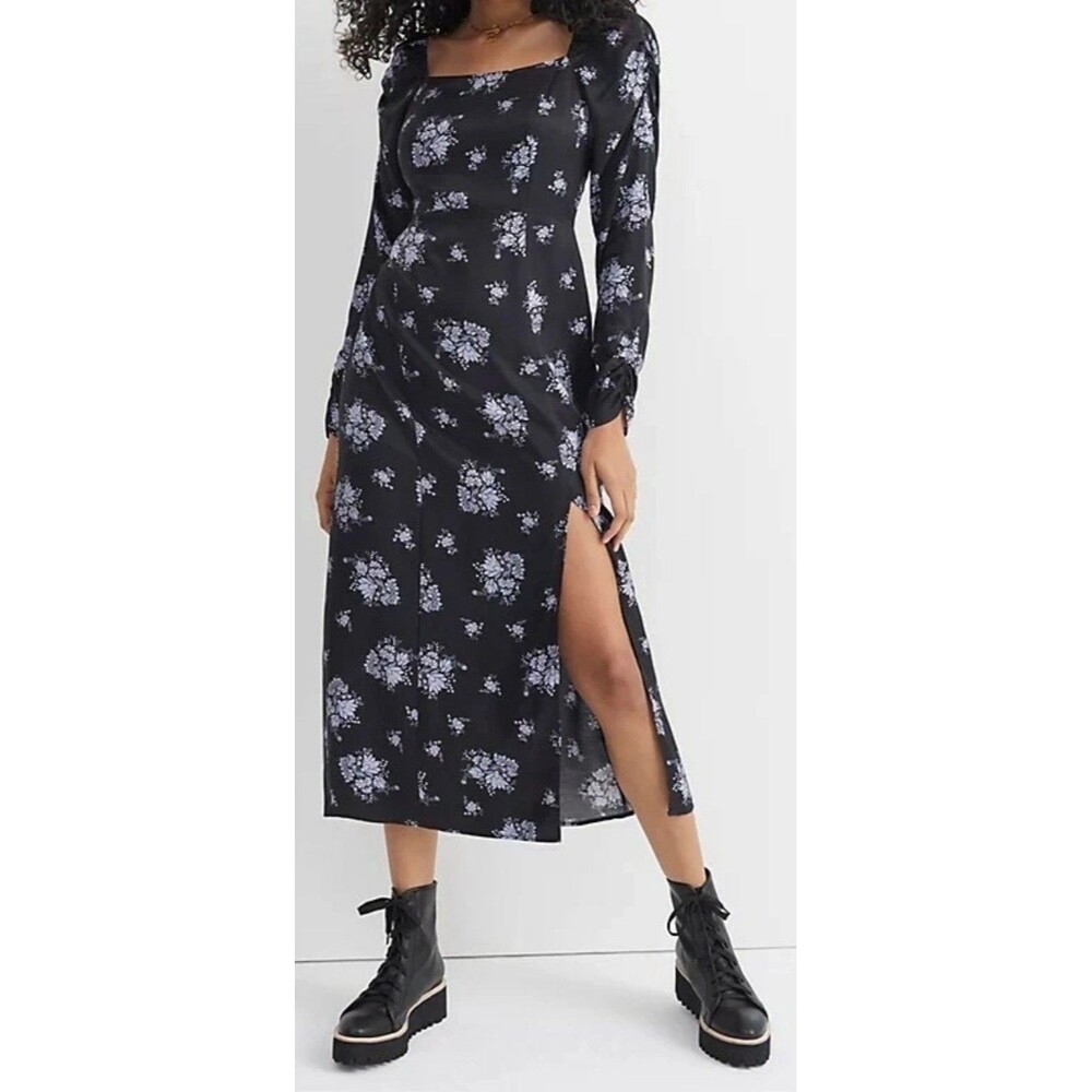 NWT Maeve Anthropologie Sz 8 Hedy Ruffled Midi Dress Black Purple Floral Pockets